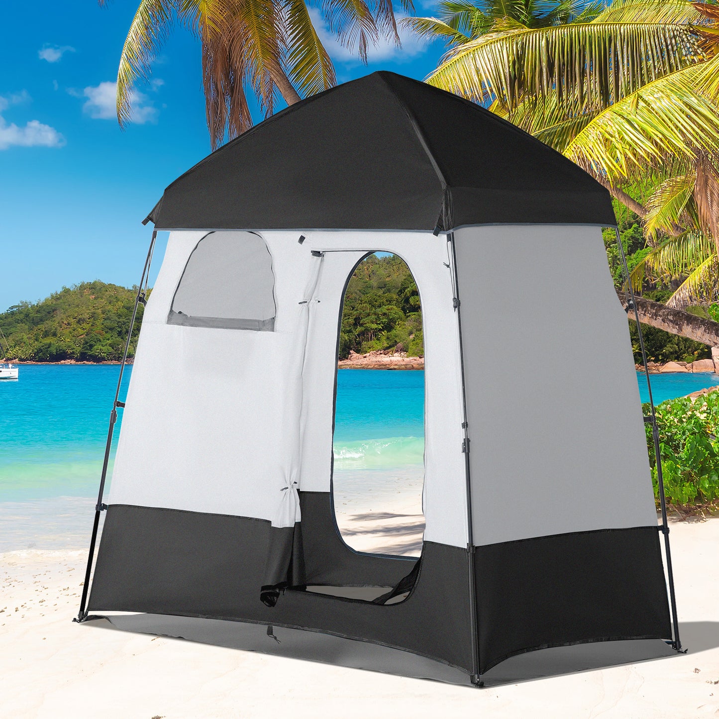 Outsunny Pop Up Shower Tent, Portable Privacy Shelter for 2 Persons, Changing Room with 2 Windows, 3 Doors, Grey and Black | Aosom Canada