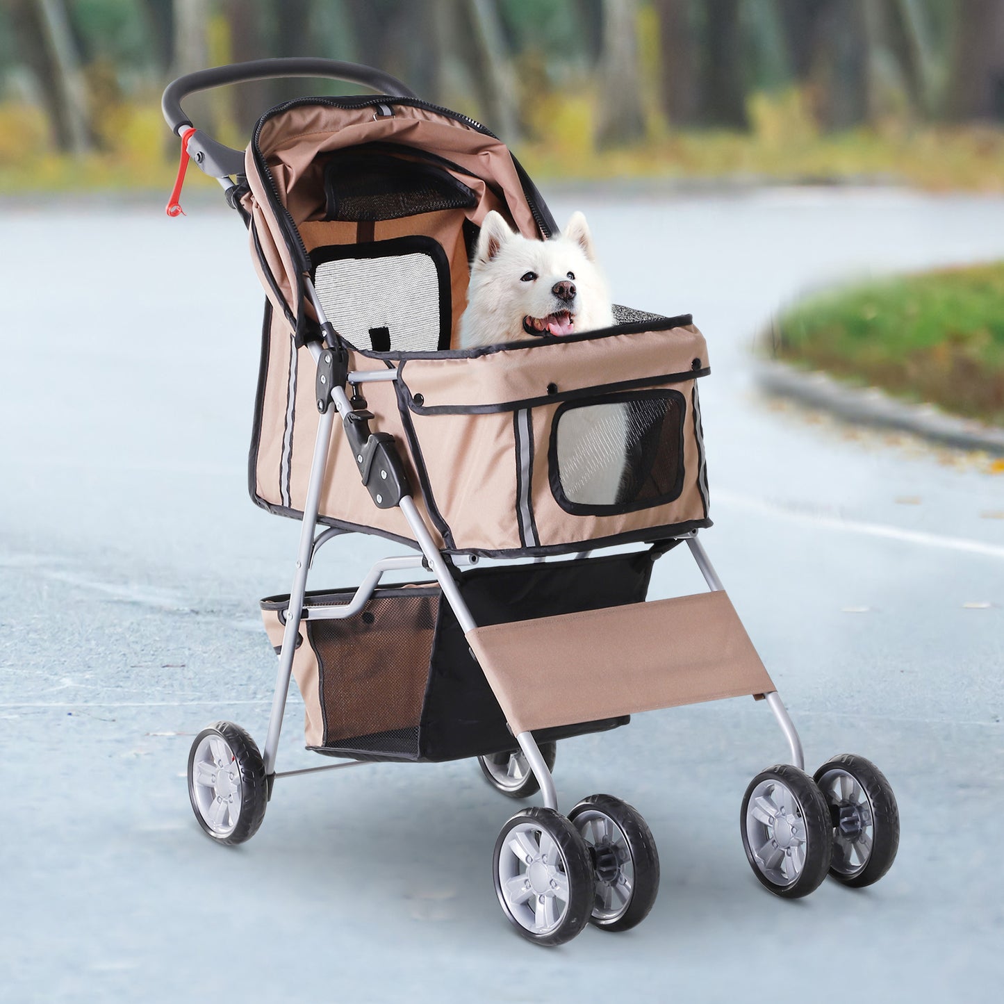 PawHut 4 Wheel Dog Pet Stroller Dog Cat Carrier Folding Sunshade Canopy with Brake, Brown | Aosom Canada