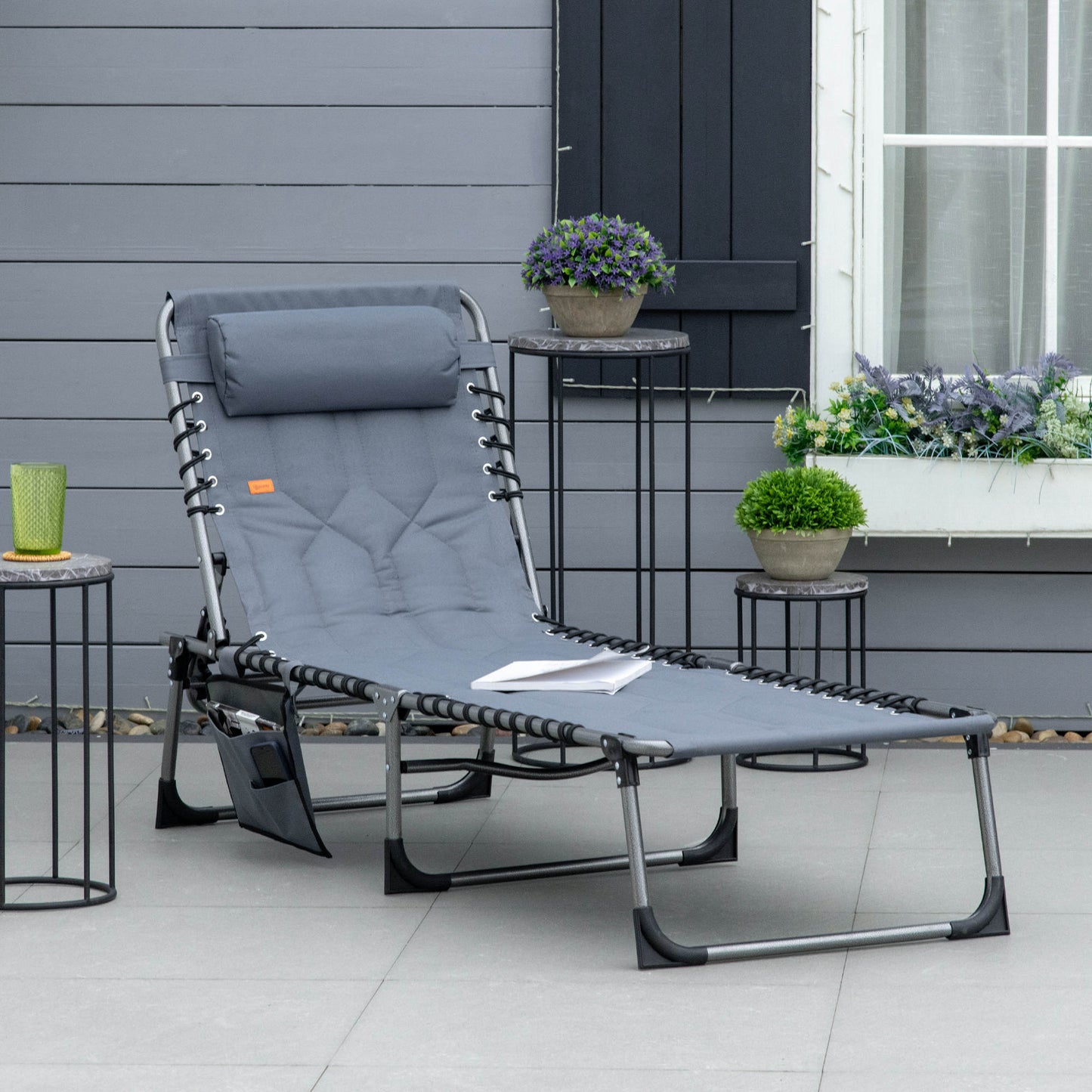 Outsunny Folding Chaise Lounge Chair, Outdoor Padded Reclining Chair with 5-position Adjustable Backrest, Pillow and Pocket, Grey | Aosom Canada