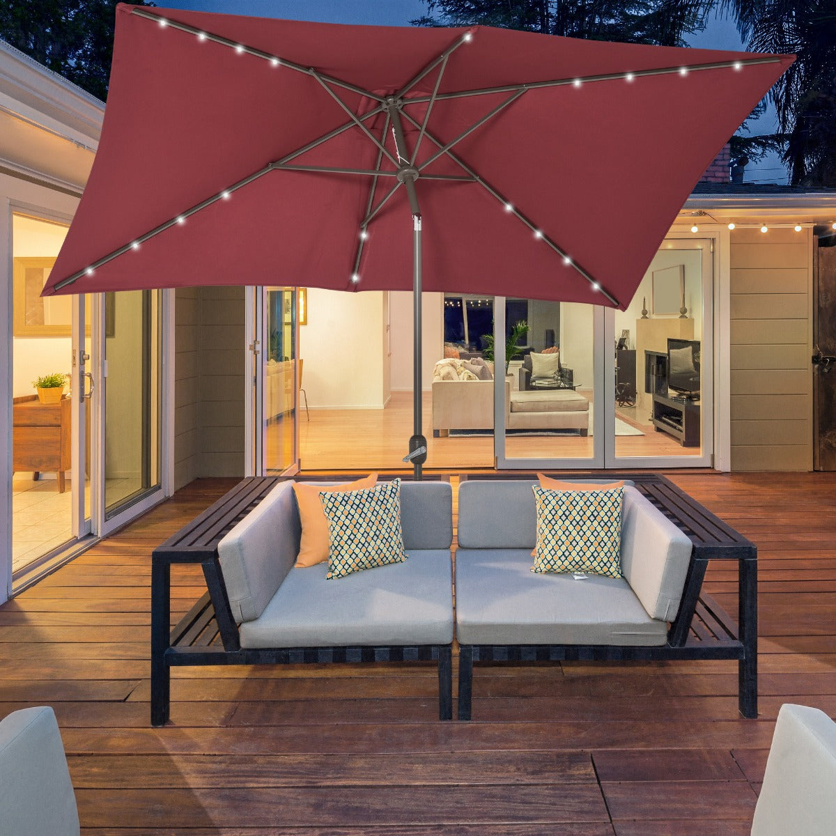 Outsunny 6.5x10ft Rectangle Solar Powered LED Lit Umbrella Wine Red | Aosom Canada