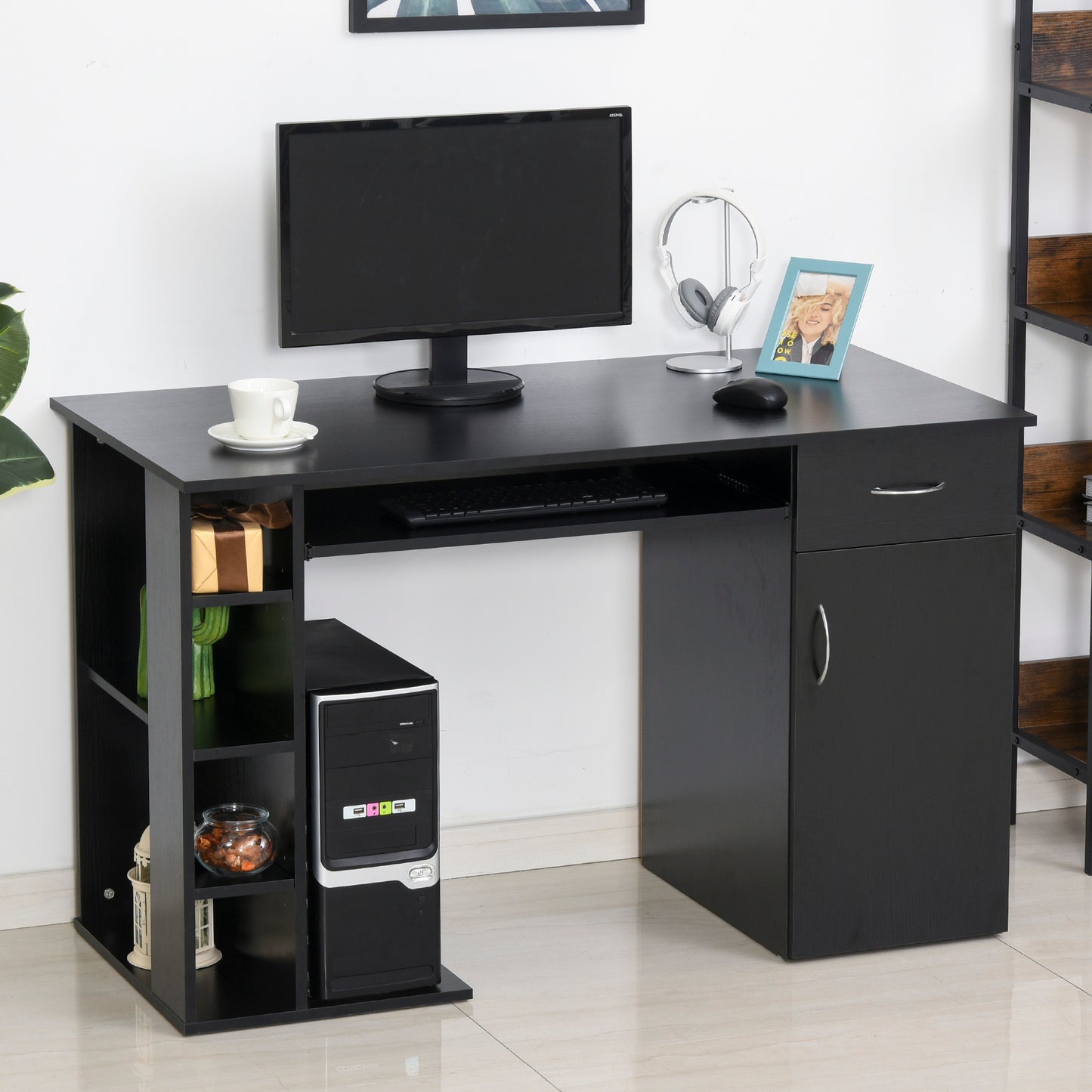 HOMCOM 47.25" Computer Desk PC Workstation Table with Storage Shelves Drawer Keyboard Tray Black | Aosom Canada