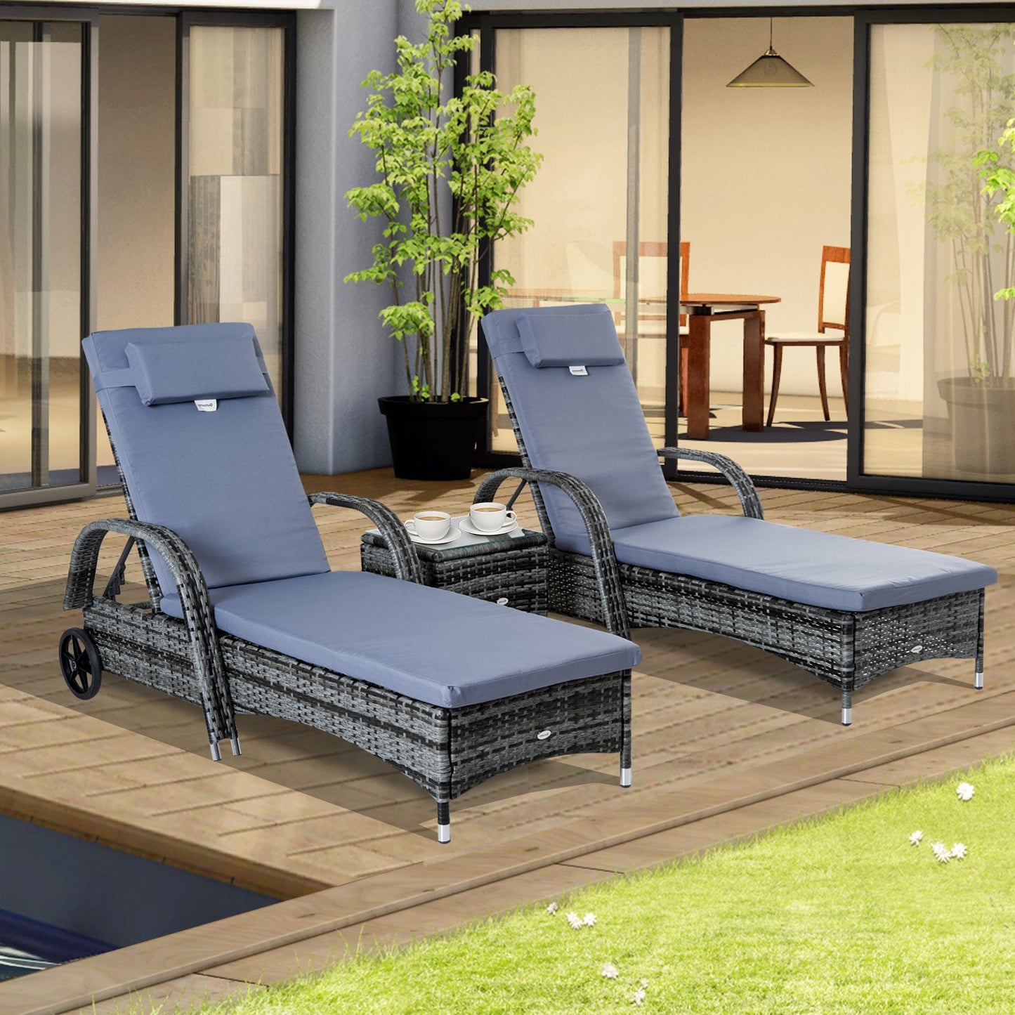 Outsunny Wheeled Patio Rattan Lounge Set Adjustable Portable w/ Side Table Gray | Aosom Canada