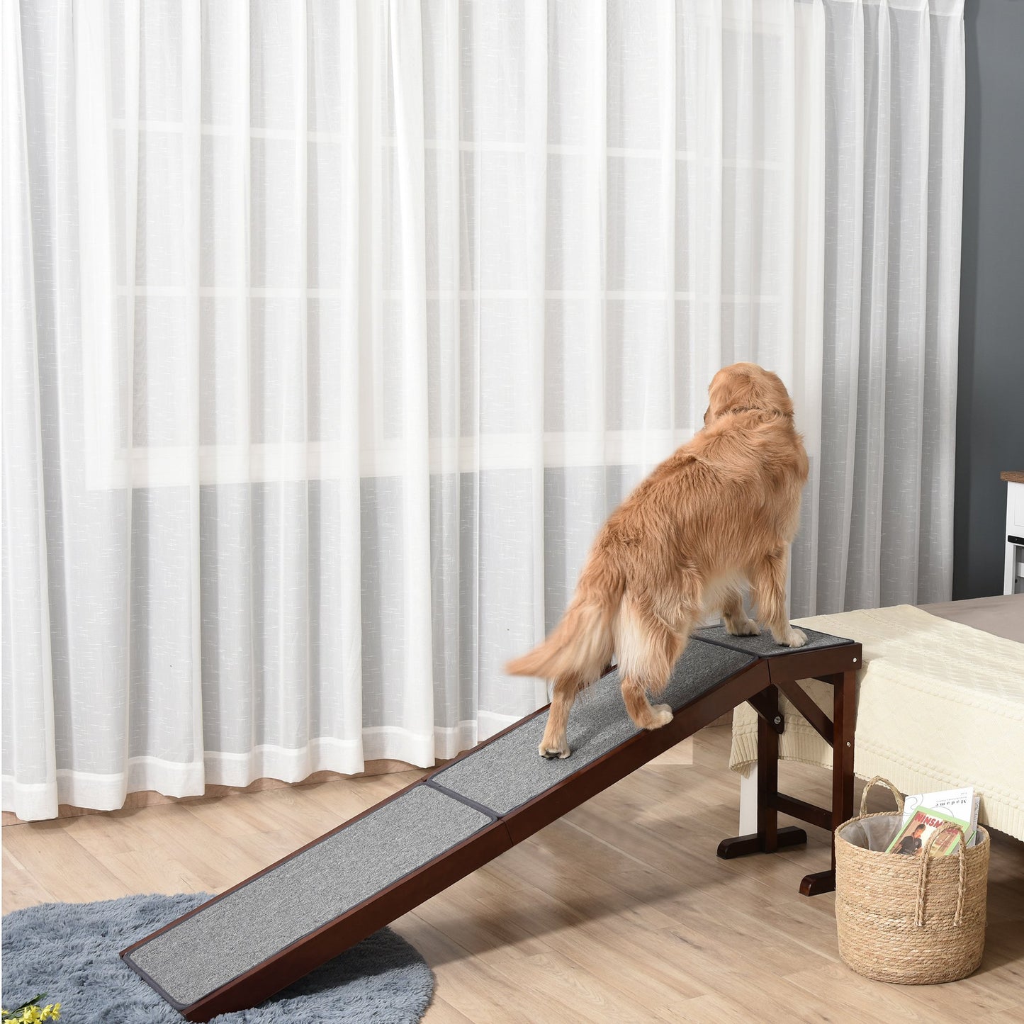 PawHut Pet Ramp Bed Steps for Dogs Cats Non-slip Carpet Top Platform Pine Wood 69.75"L x 16"W x 25"H Brown Grey | Aosom Canada