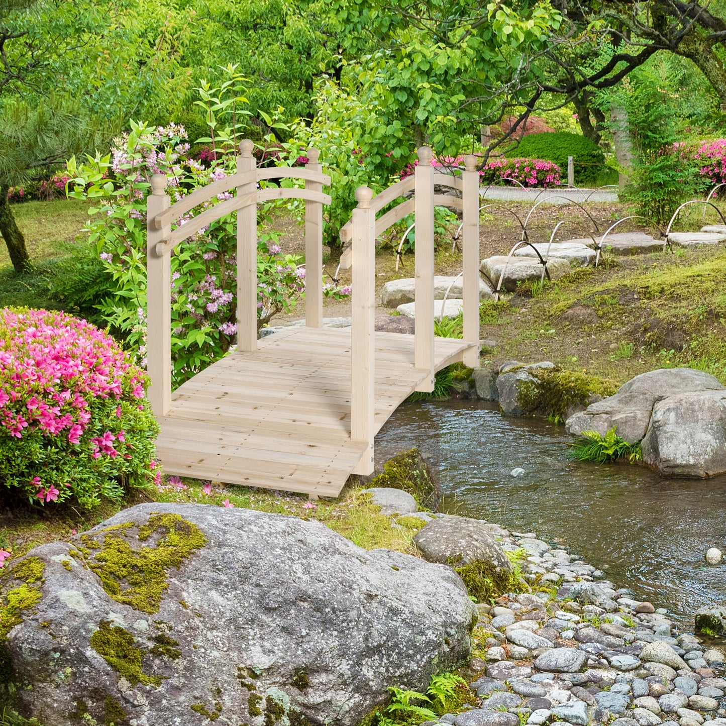 Outsunny 7.5' Fir Wood Garden Bridge Arc Walkway with Side Railings, Perfect for Backyards, Gardens, & Streams, Natural | Aosom Canada