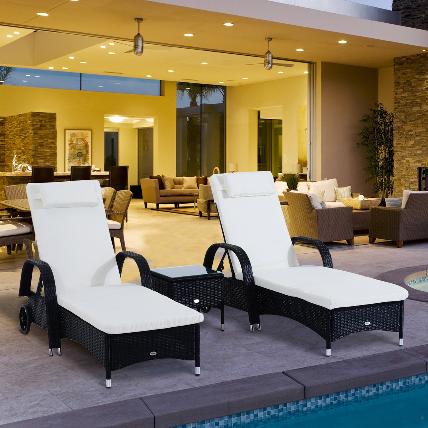Outsunny 3pcs Wheeled Patio Rattan Lounge Chaise Set Recliner Black | Aosom Canada