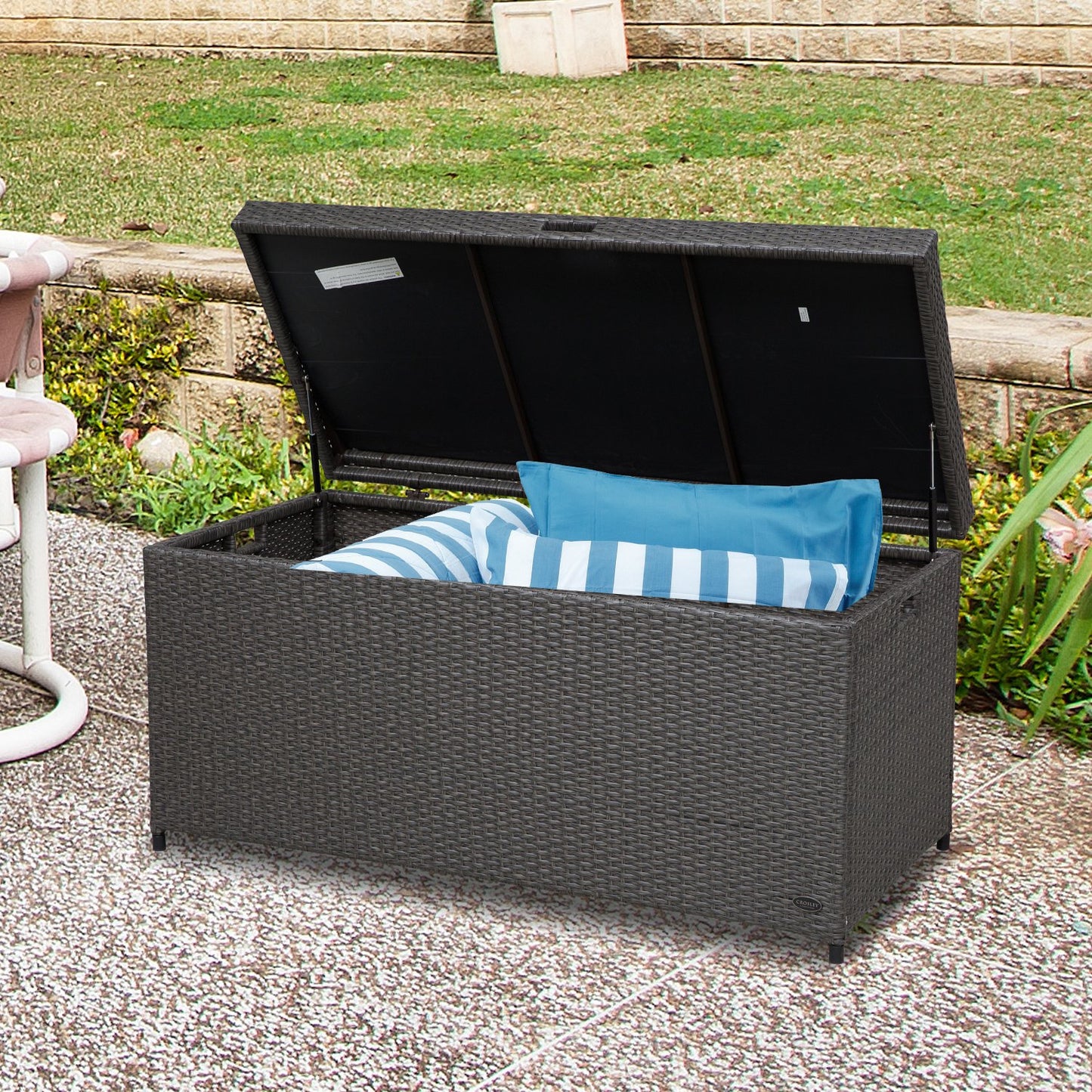 Outsunny Outdoor Plastic Rattan Storage Basket Large Capacity Foot Stool Rectangle Coffee Table w/ Handle | Aosom Canada