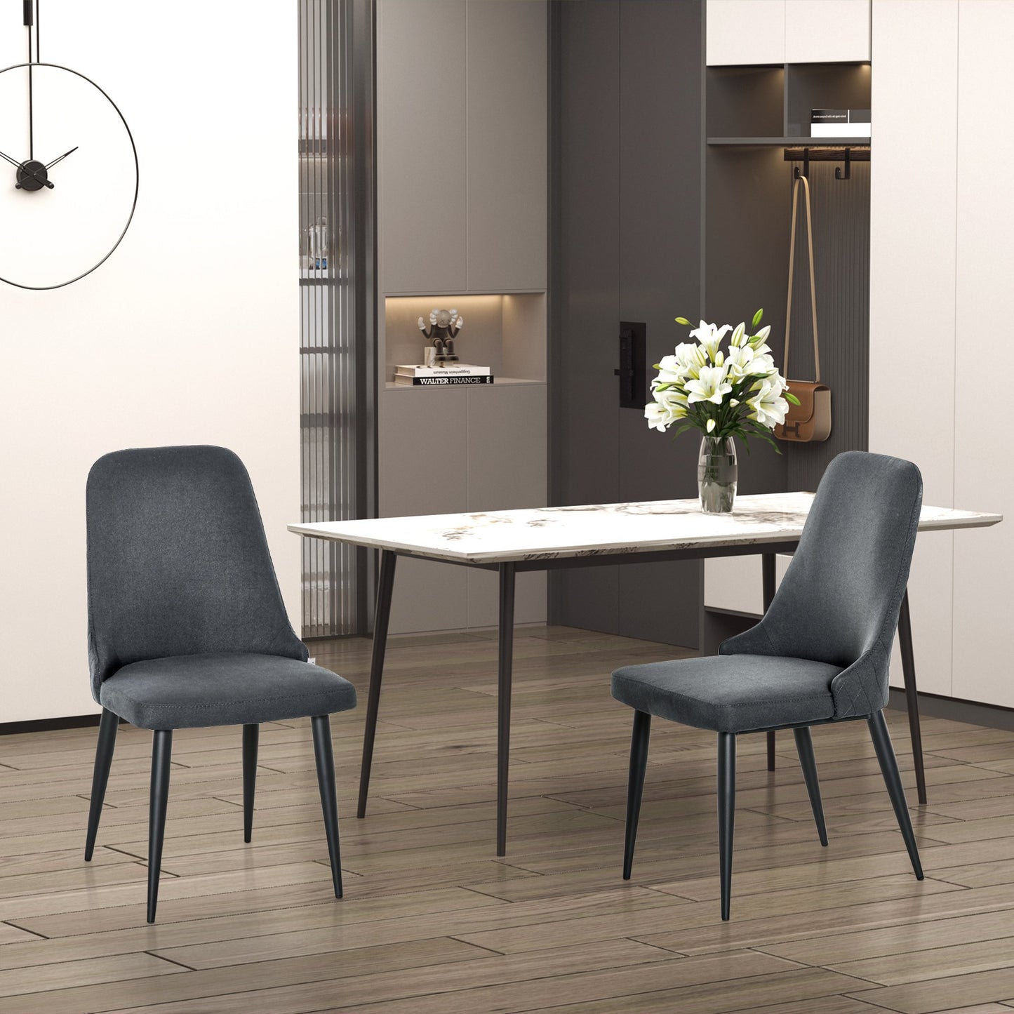 HOMCOM Modern Dining Chair Set of 2, Fabric Upholstered Side Chairs for Kitchen Living Room with Metal Legs, Charcoal Grey | Aosom Canada