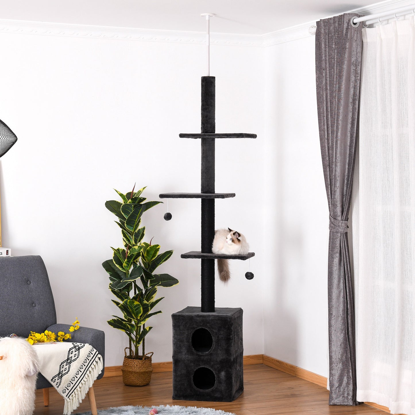 PawHut 86.5"-96.5" Cat Tree Floor to Ceiling Condo w/ Jute Scratching Post Dangling Ball Adjustable, Grey | Aosom Canada