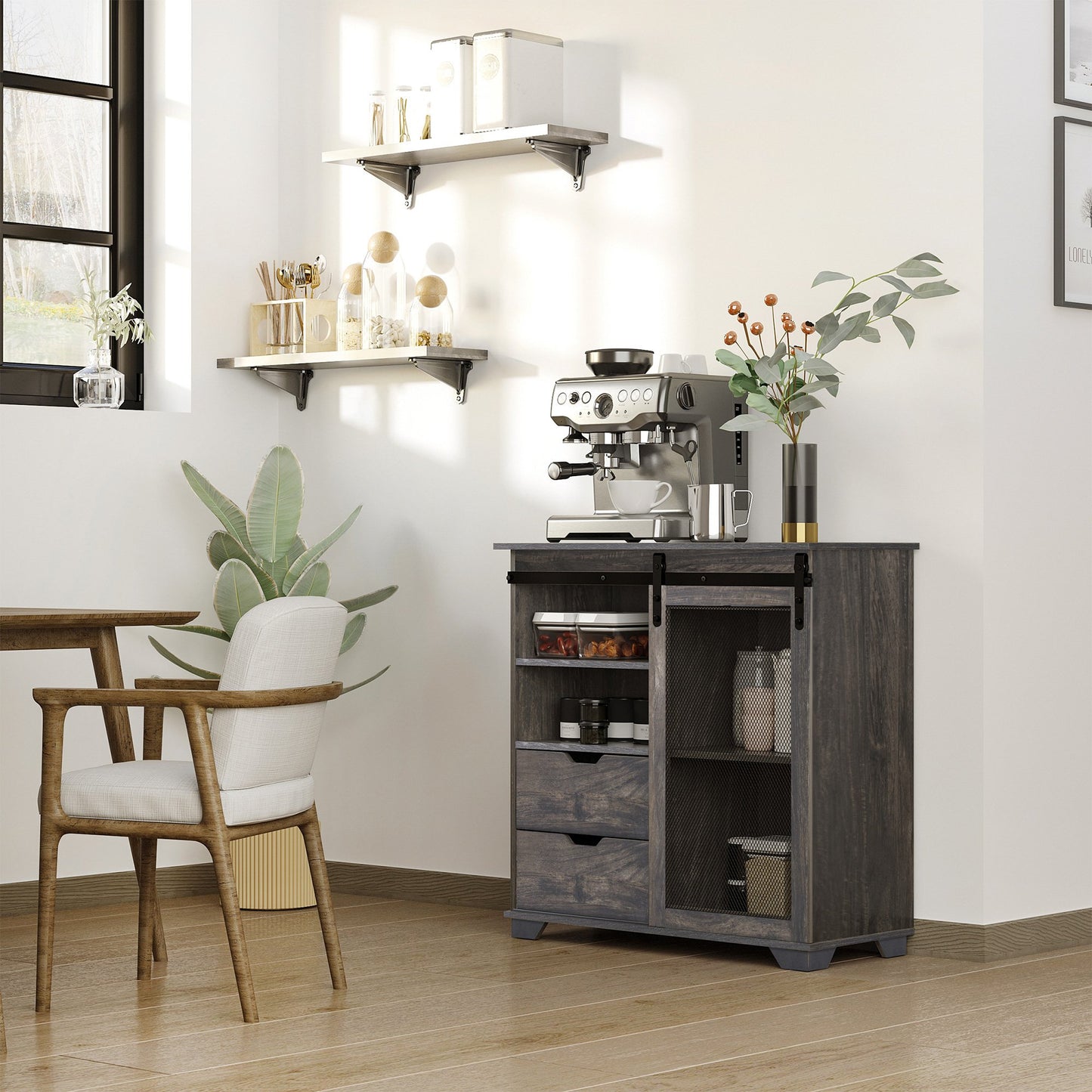 HOMCOM Industrial Freestanding Sideboard Buffet Sliding Door Storage Cabinet with 2 Drawers, 2 Shelves, Dark Brown and Black | Aosom Canada
