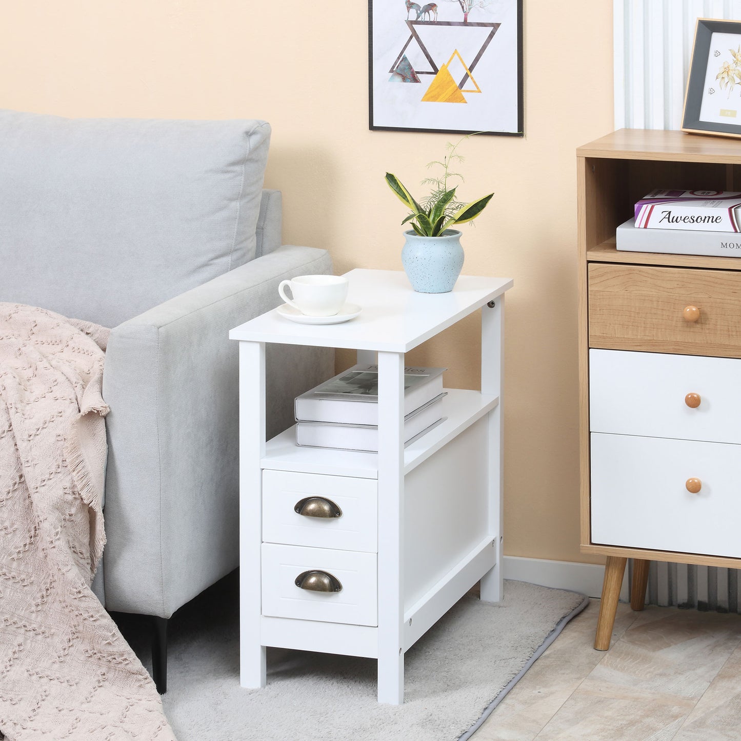 HOMCOM Slim End Table with 2 Drawers and Storage Shelf, Sofa Side Table for Living Room, Narrow Nightstand, White | Aosom Canada