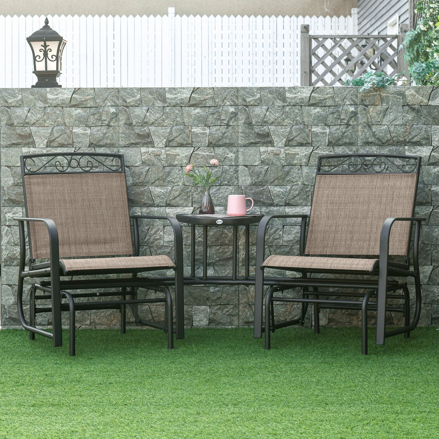 Outsunny Outdoor Glider Bench with Coffee Table, Patio 2-Seat Rocking Chair Swing Loveseat with Breathable Sling, Brown | Aosom Canada