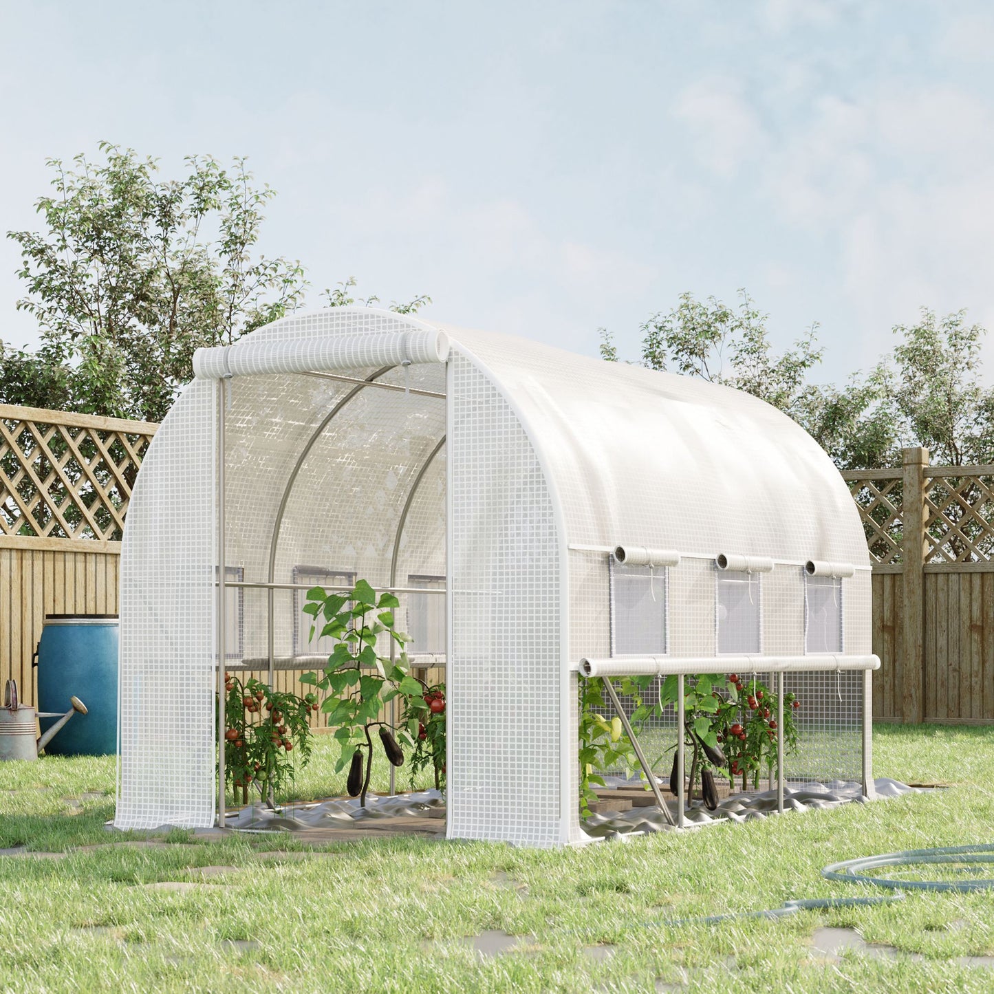 Outsunny 10' x 6.6' x 6.6' Walk-in Tunnel Greenhouse PE Cover, Zipper Doors Roll-up side cover& Mesh Windows, White | Aosom Canada