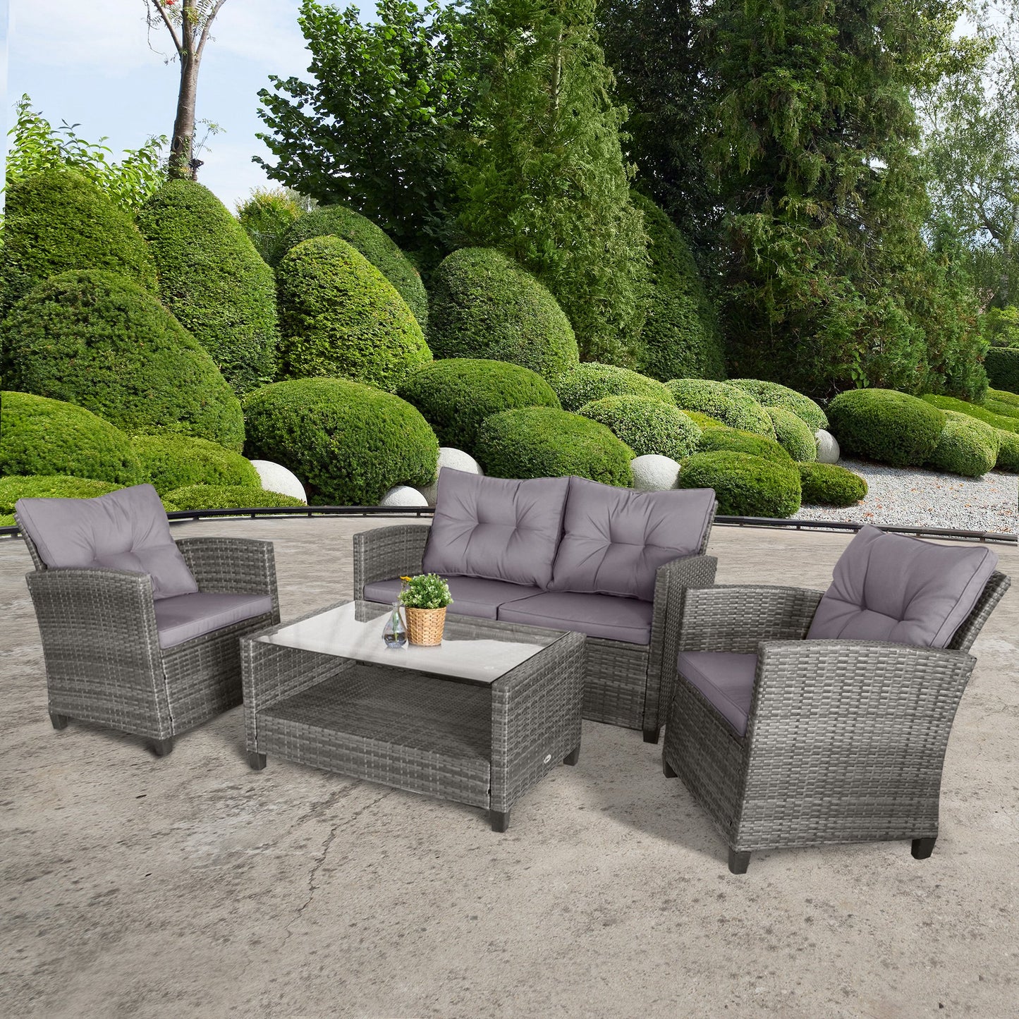 Outsunny 4 Pieces Patio Furniture Sets Rattan Wicker Rattan Chair w/ Table Conversation Set with Cushion, Charcoal Grey | Aosom Canada