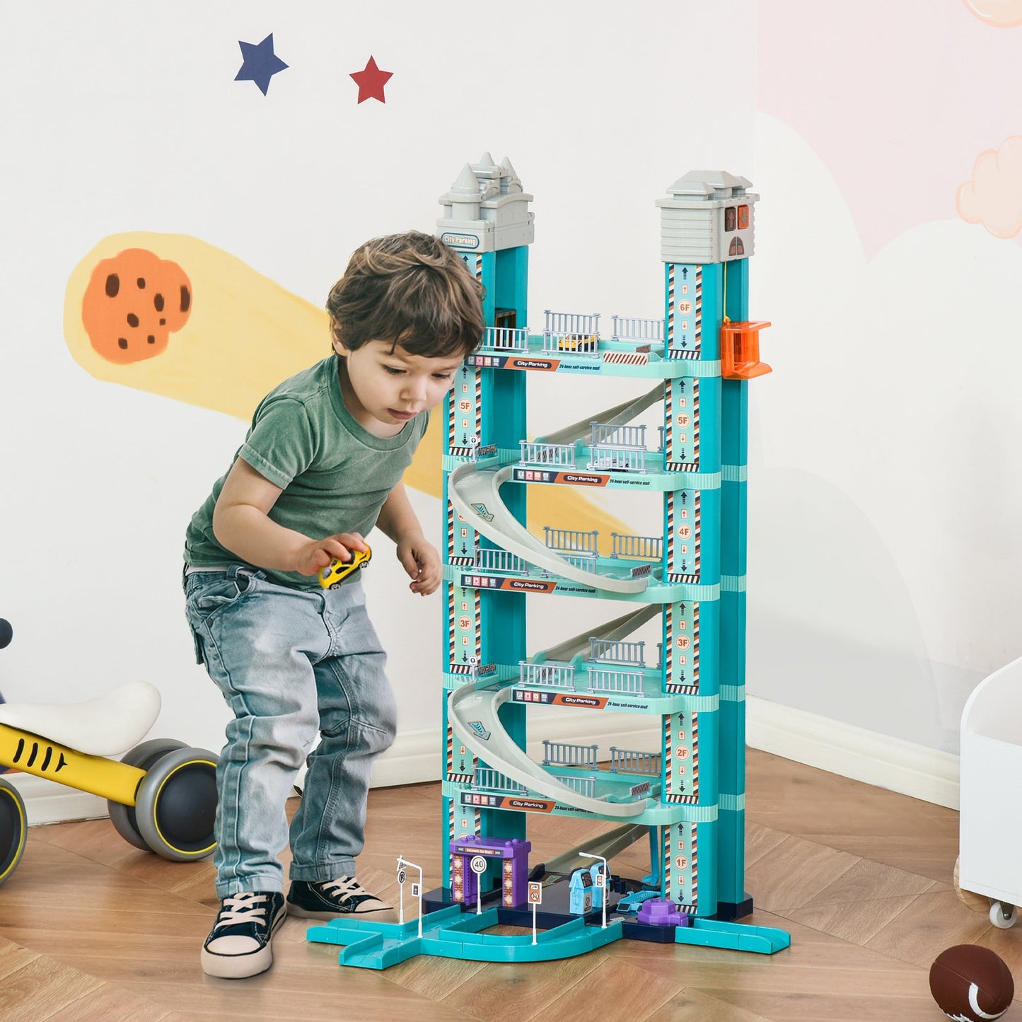 Qaba 6-Level Car Parking Garage Toy Tracks Car Ramp Set Toddler Car Games w/ Electric Elevators Wash, Gas, Ejector for 3-6 Years Old | Aosom Canada