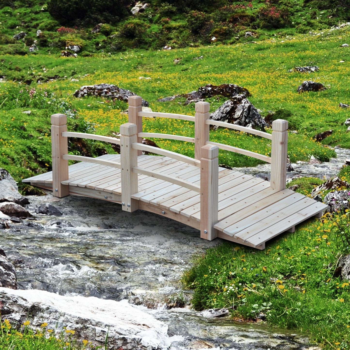 Outsunny 5FT Wood Garden Bridge Outdoor Decorative Landscape Side Rails Backyard Moon Bridge Park Decor Natural Wood | Aosom Canada