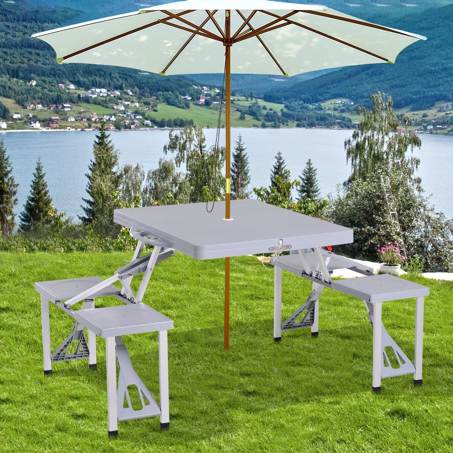 Outsunny Folding Picnic Table Chair Set Junior Outdoor Seating Portable Bench Grey | Aosom Canada