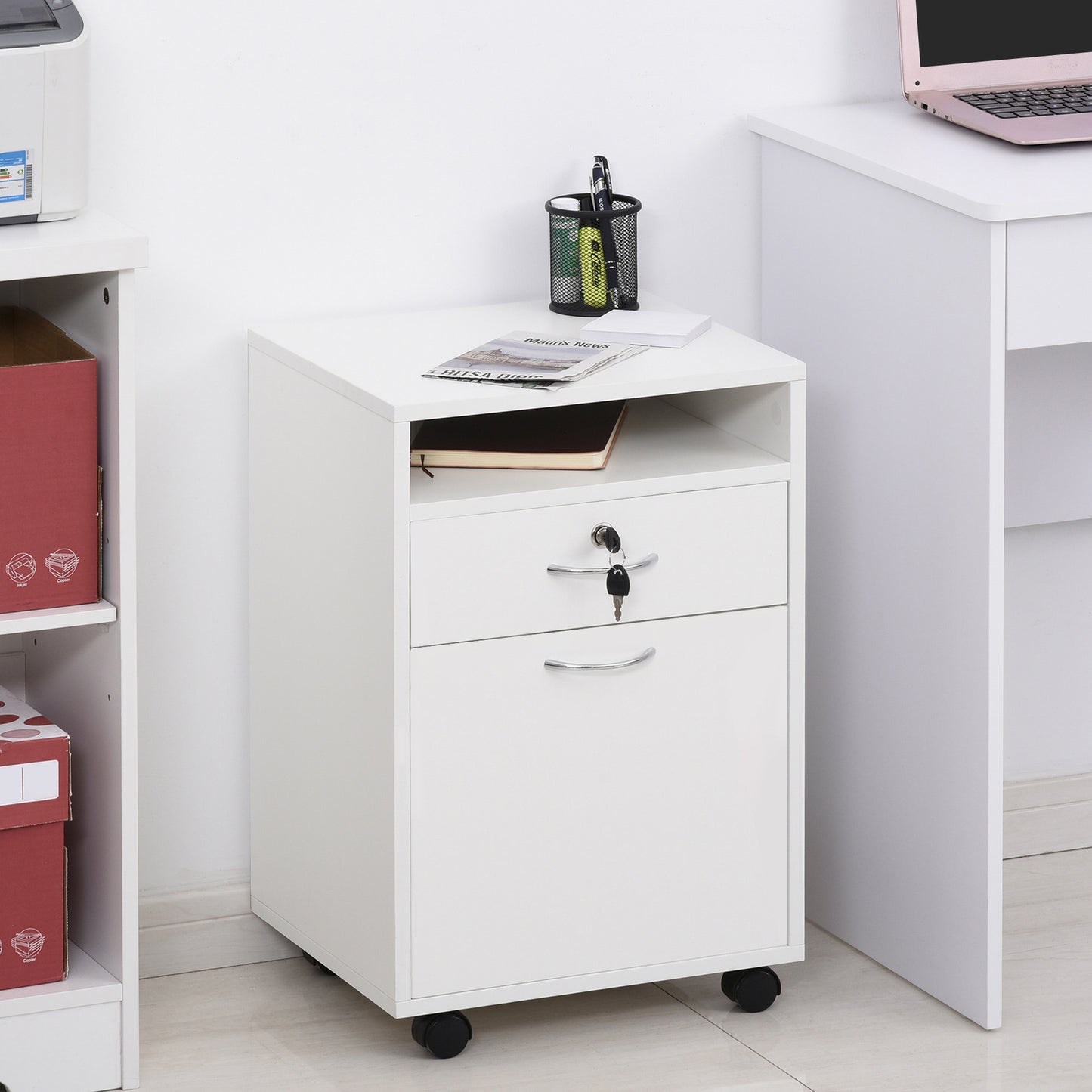 HOMCOM 24" Vertical Filing Cabinet with Lock, Mobile File Cabinet with Wheels, Storage Office Cabinet with Drawer, White | Aosom Canada