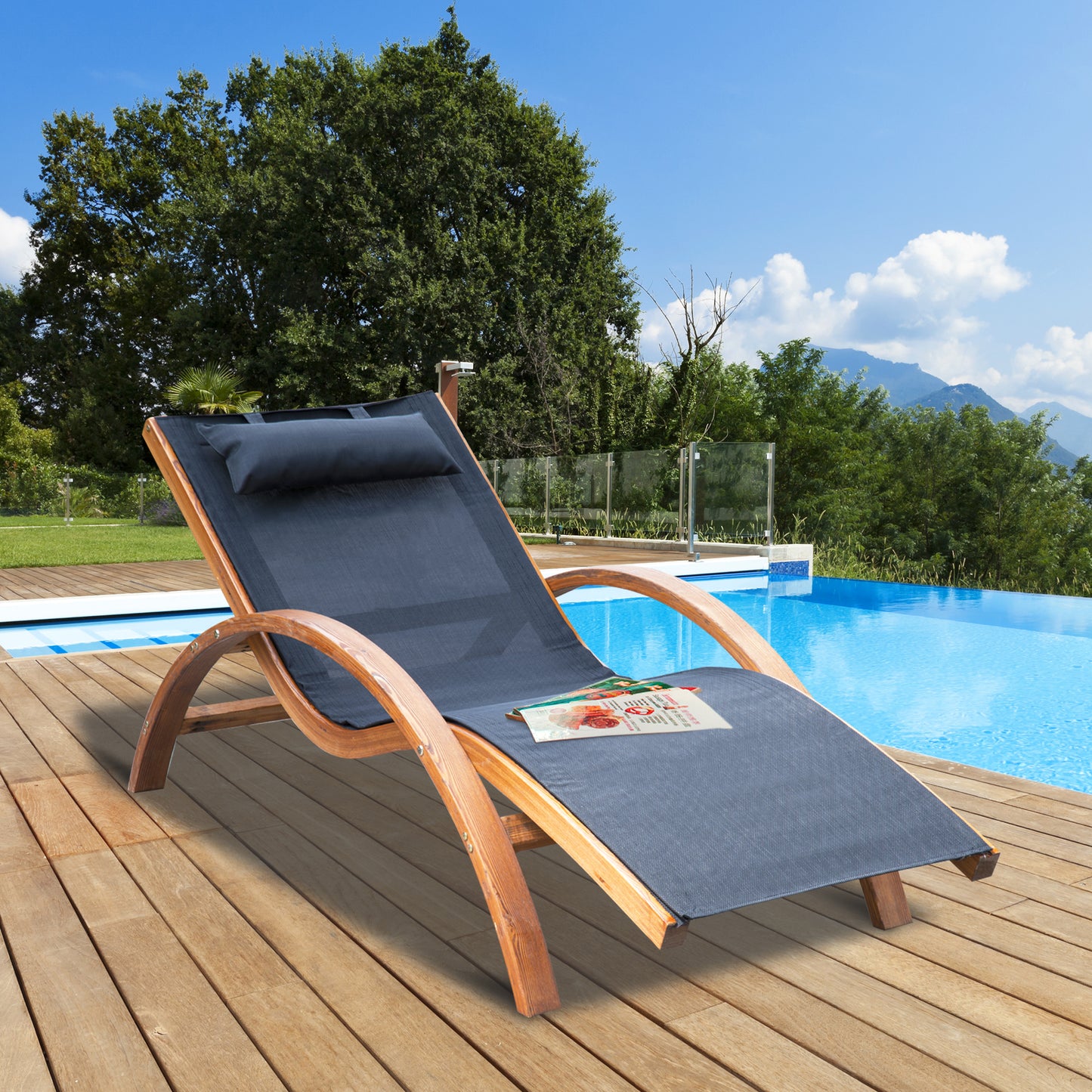 Outsunny Patio Chaise Lounge Chair with Headrest, Garden Sun Lounger Recliner with Wood Frame, Texteline, Black | Aosom Canada