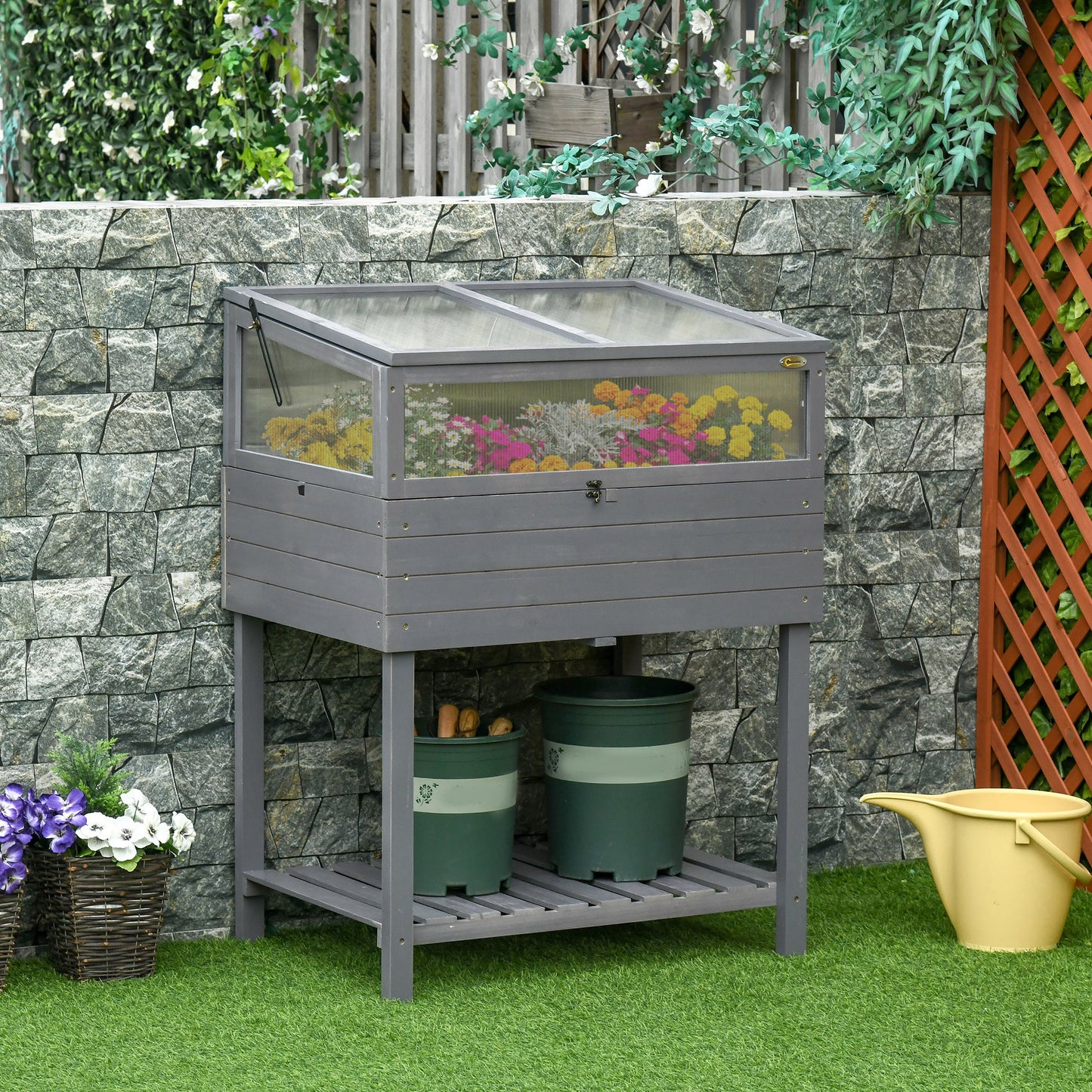 Outsunny Raised Garden Bed with Cold Frame Greenhouse, Grow Grids and Storage Shelf, Outdoor 2 Tiers Elevated Wood Planter Box | Aosom Canada