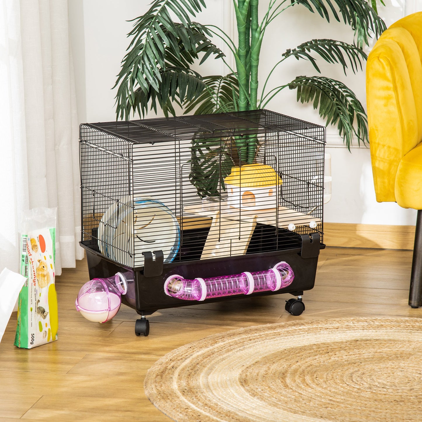 PawHut Hamster Cage, Gerbil Haven, w/ Water Bottle, Tubes, Excise Wheel, Food Dish, Ramp, Shower Room, Black | Aosom Canada