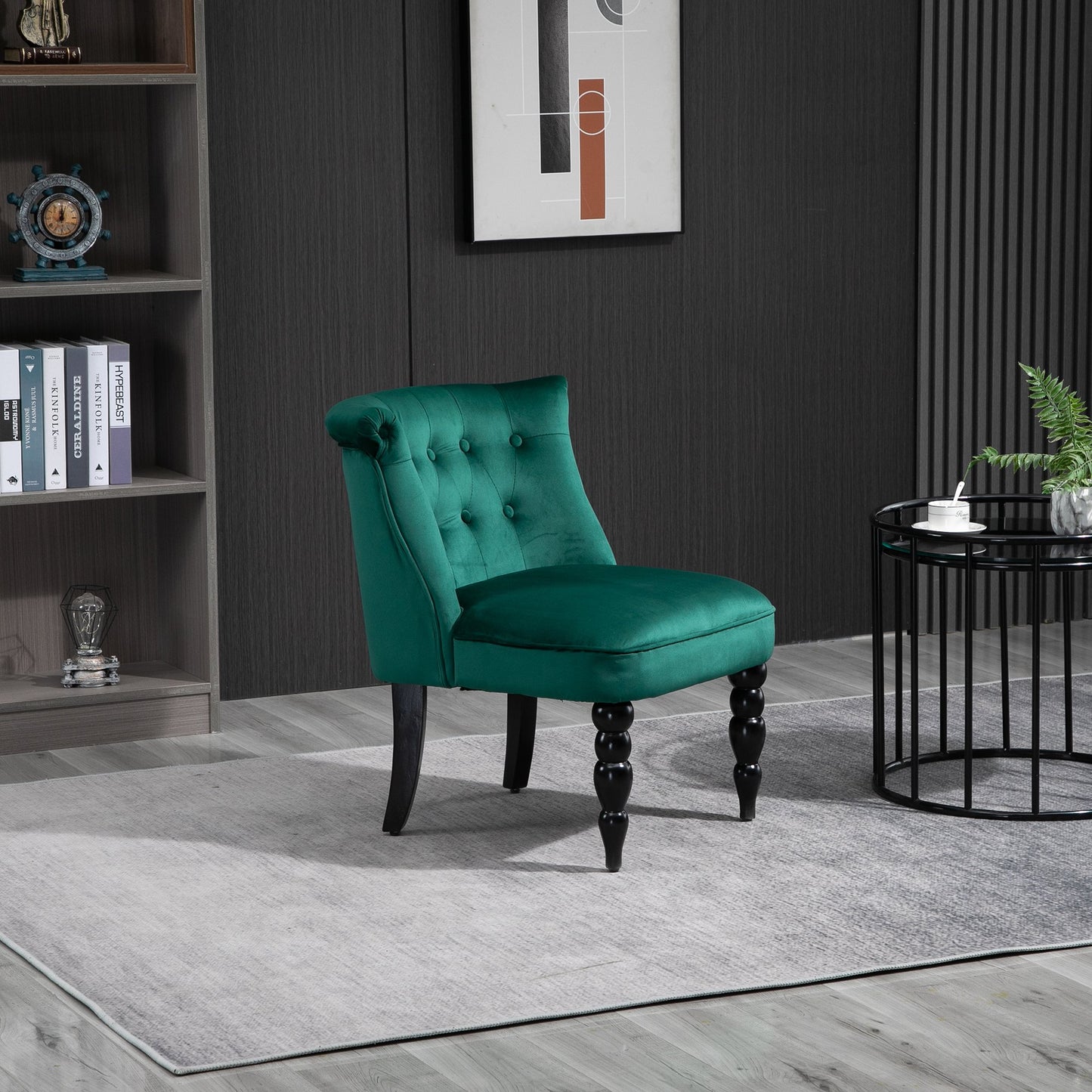 HOMCOM Vintage Leisure Accent Chair w/ Button Tufted Straight Back Turned Legs Thick Sponge Padding for Living Dining Study Dark Green | Aosom Canada