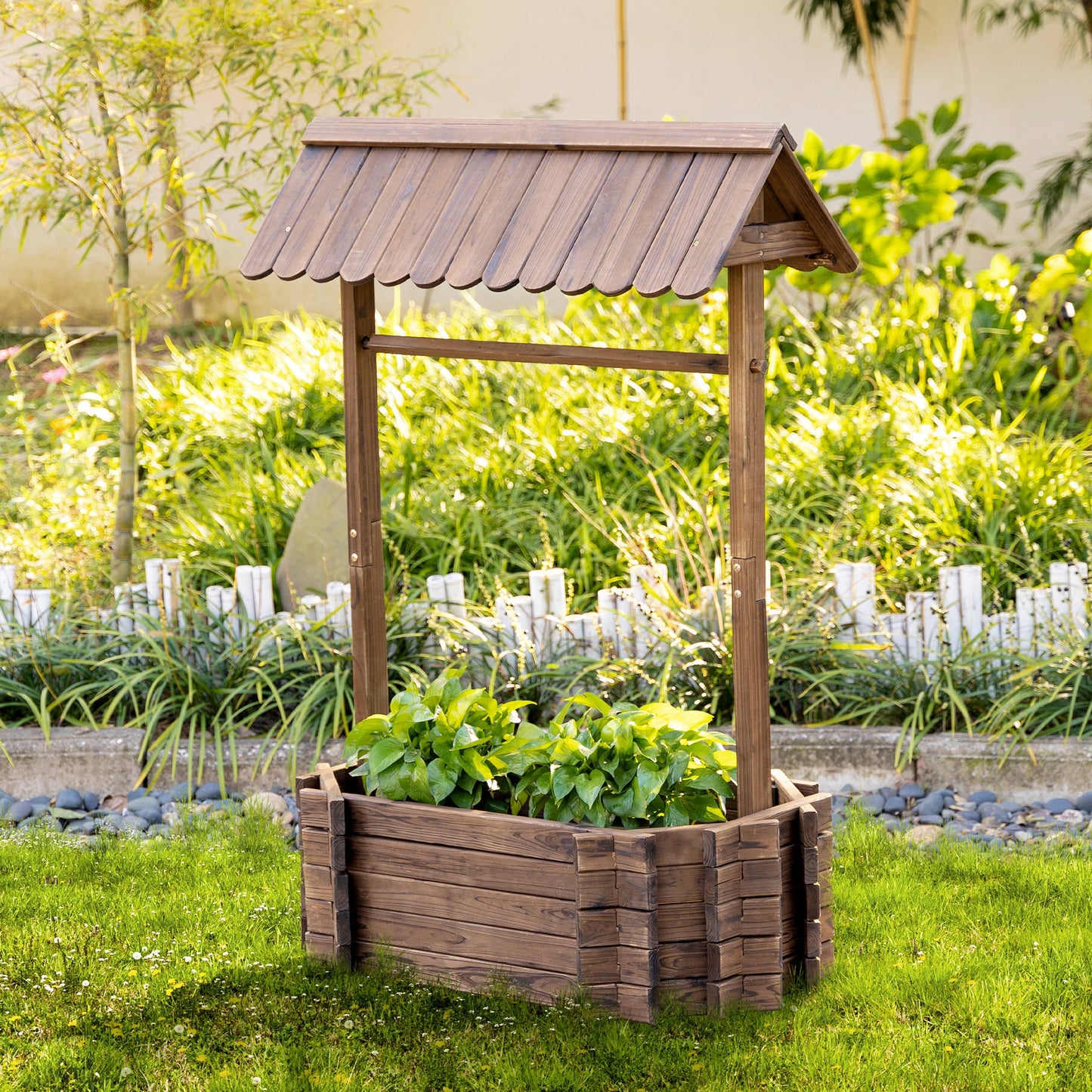Outsunny Wooden Wishing Well Garden Bed, Rustic Outdoor Flower Planter Patio Ornamental for Plants/Herb/Vegetables, Rustic Brown | Aosom Canada
