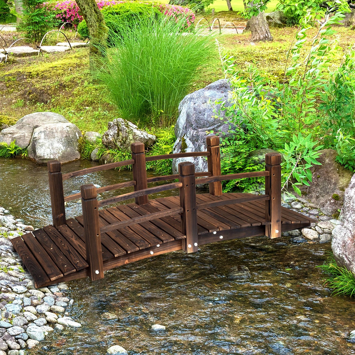Outsunny 5FT Wood Garden Bridge Outdoor Decorative Landscape Side Rails Backyard Moon Bridge Park Stained Wood | Aosom Canada