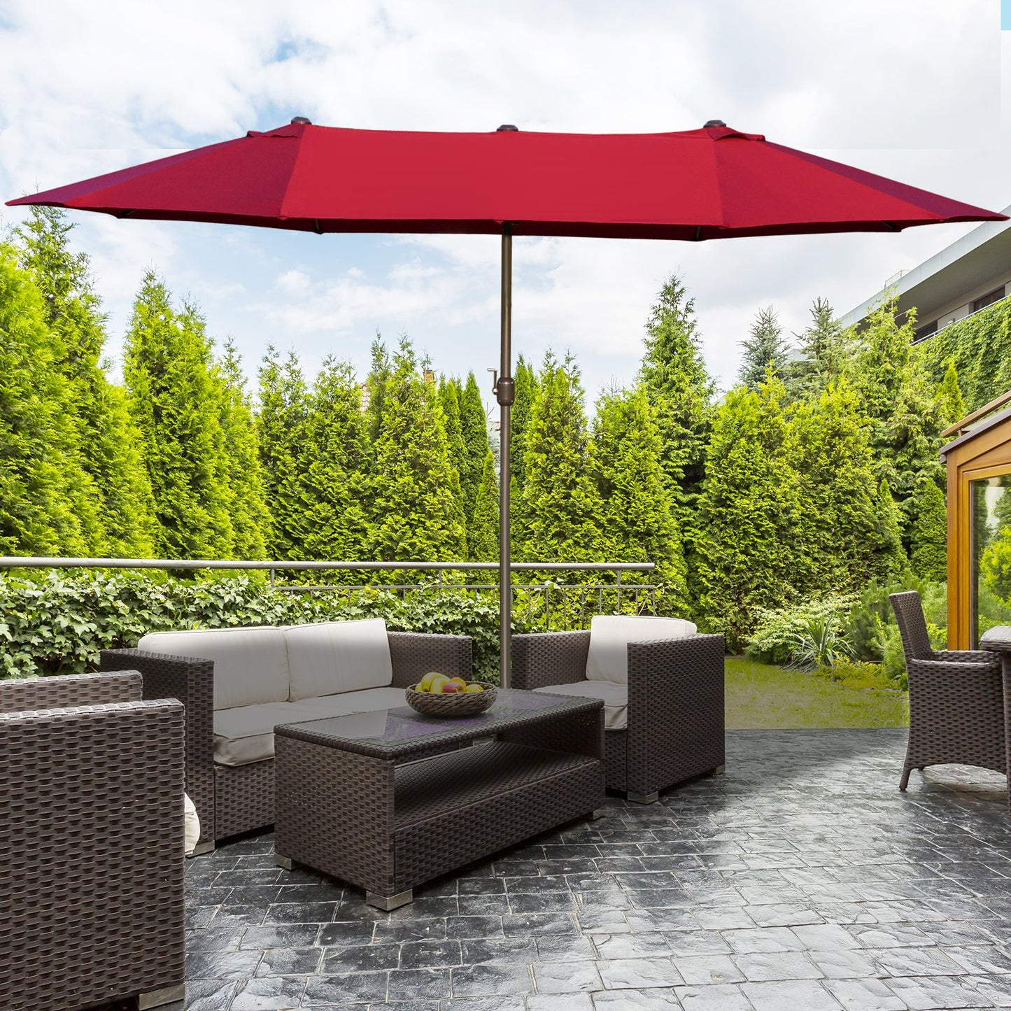Outsunny 15' Outdoor Patio Umbrella with Twin Canopy Sunshade Steel Table Umbrella with Lift Crank, Cross base, Sandbag, Wine Red | Aosom Canada
