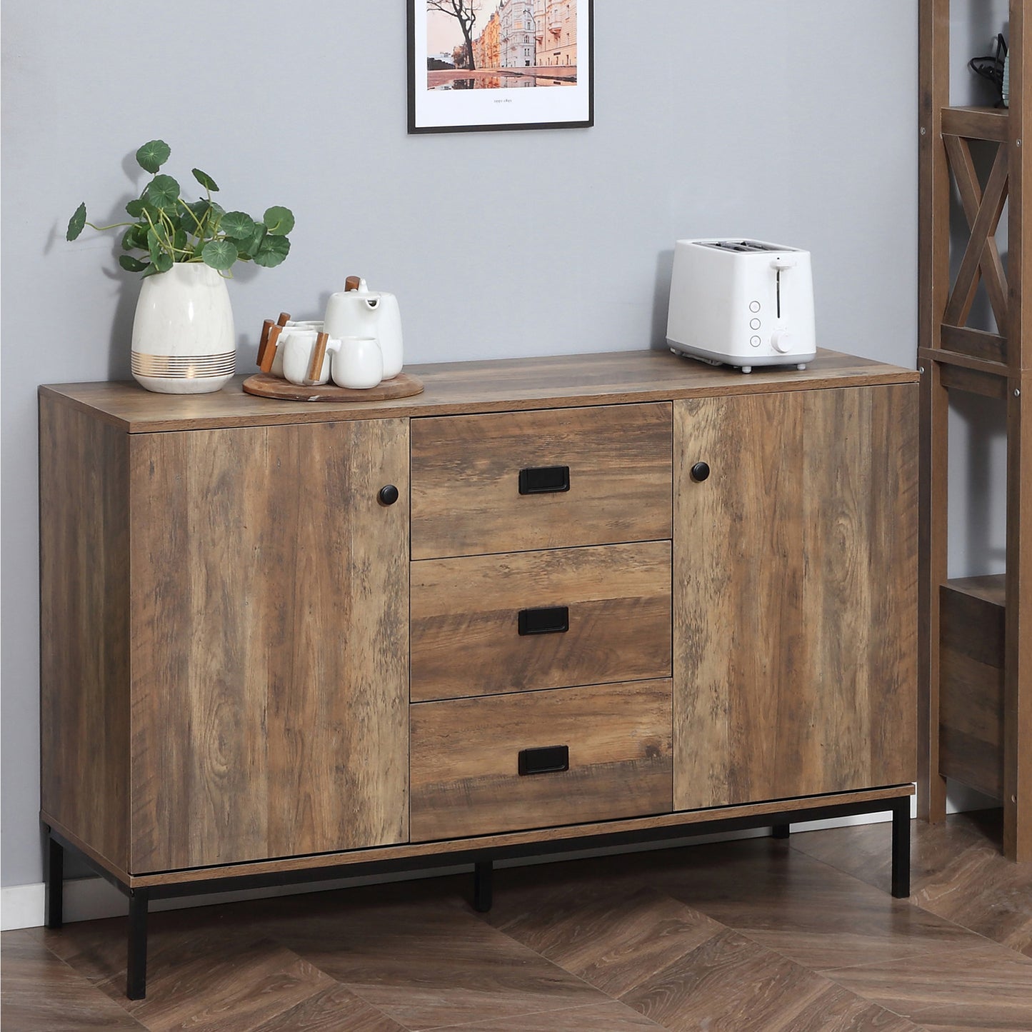 HOMCOM Industrial Sideboard, Storage Cabinet, Accent Cupboard with Drawers, Adjustable Shelves, Distressed Brown | Aosom Canada
