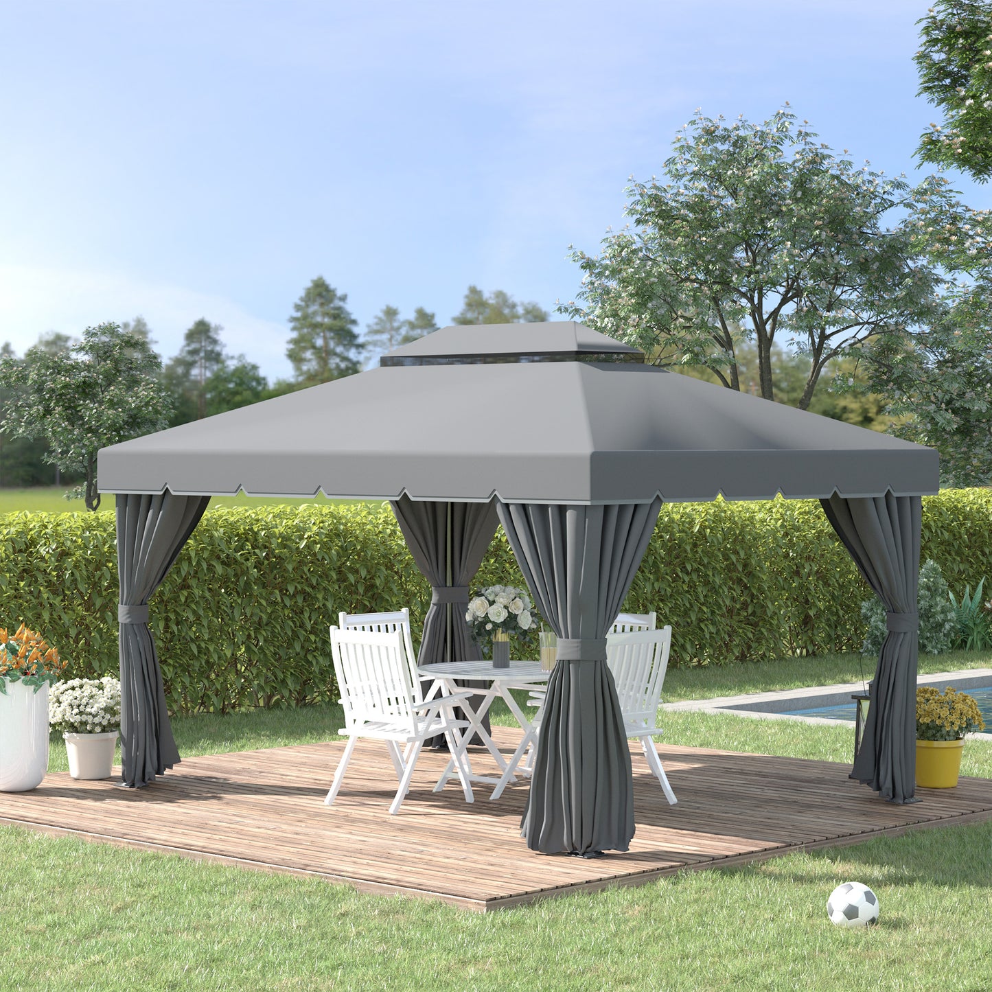 Outsunny 13' x 10' Outdoor Patio Gazebo Canopy with 2-Tier Polyester Roof, Vented Mesh Sidewall & Strong Aluminum Frame, Dark Grey | Aosom Canada