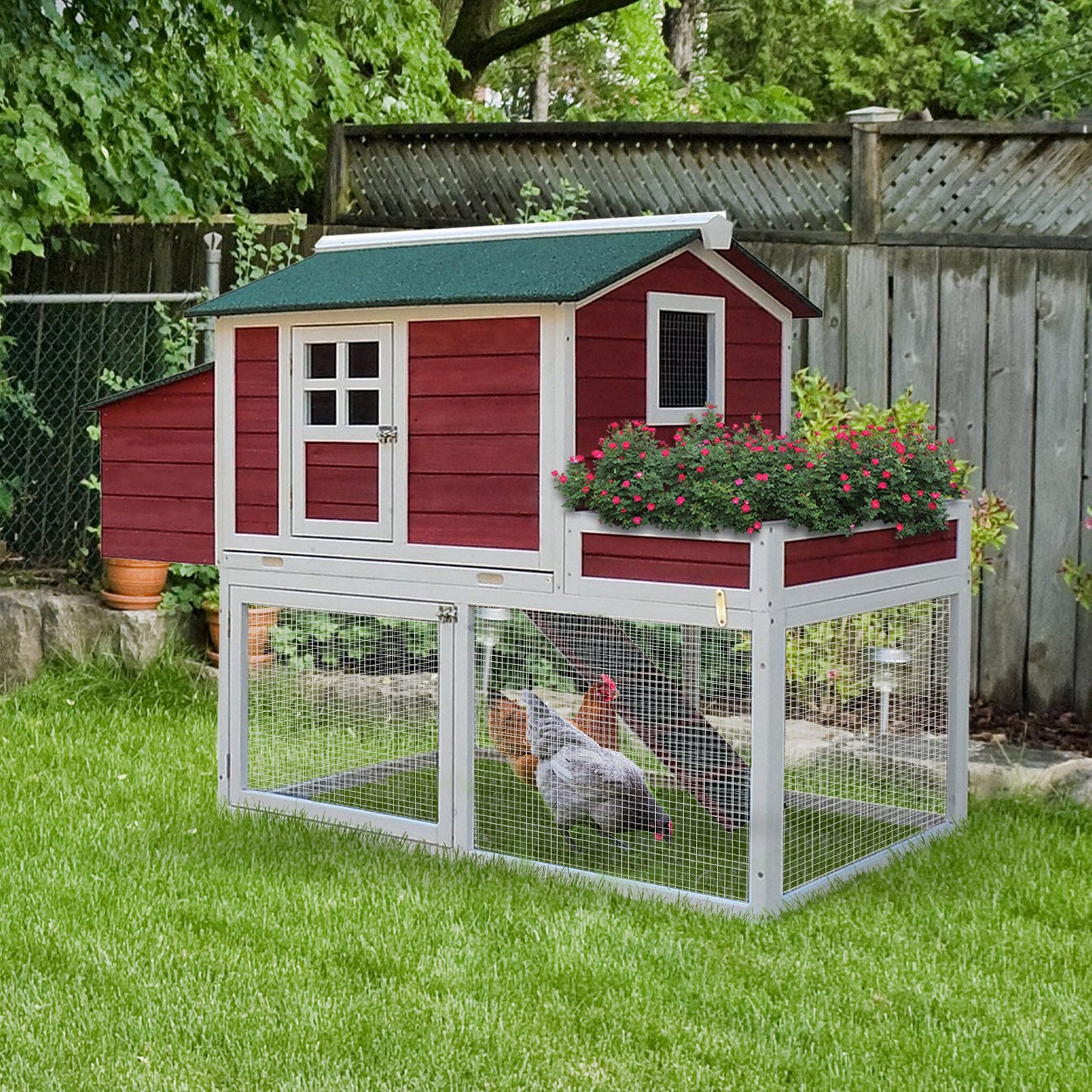 PawHut 63" Chicken Coop Wooden Hen House Rabbit Hutch Poultry Cage Pen Outdoor Backyard With Garden Box, Run Area, Nesting Box Red | Aosom Canada