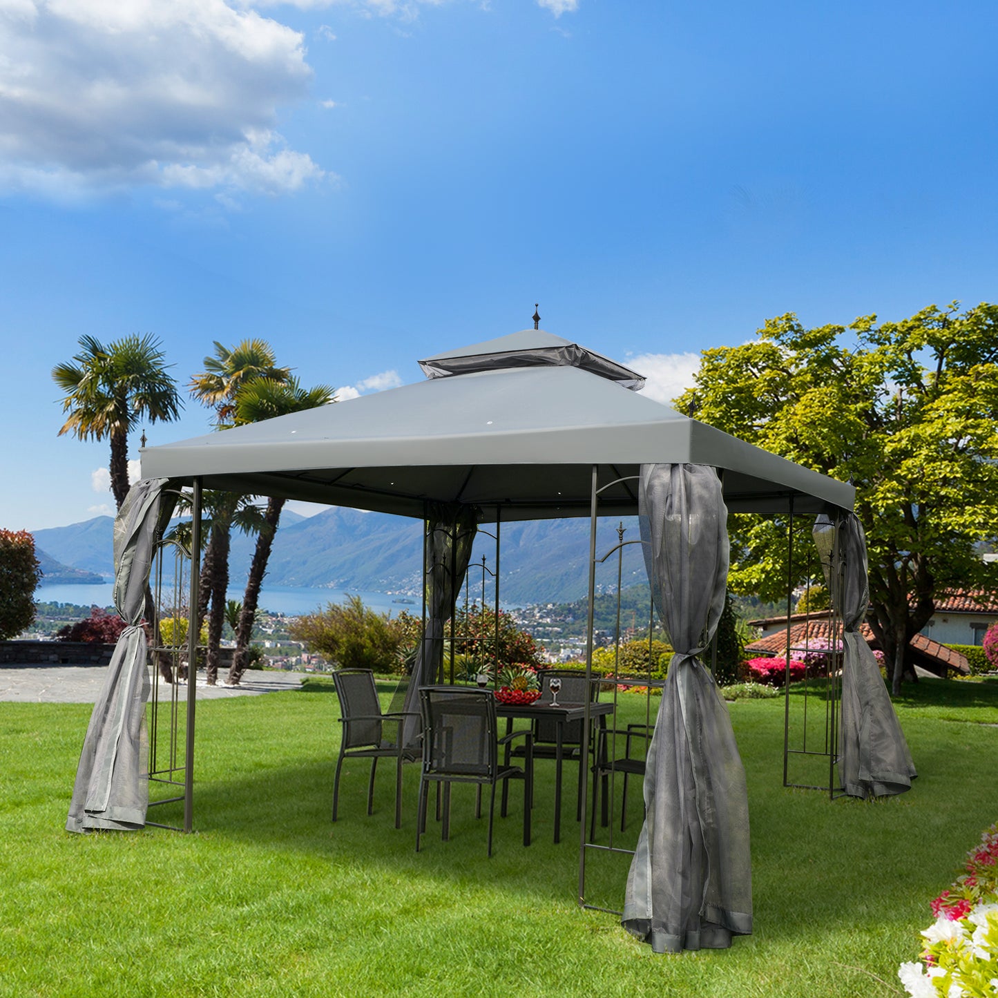 Outsunny 10' x 10' Steel Outdoor Patio Gazebo Canopy with Removable Mesh Curtains, Display Shelves, & Steel Frame, Grey | Aosom Canada