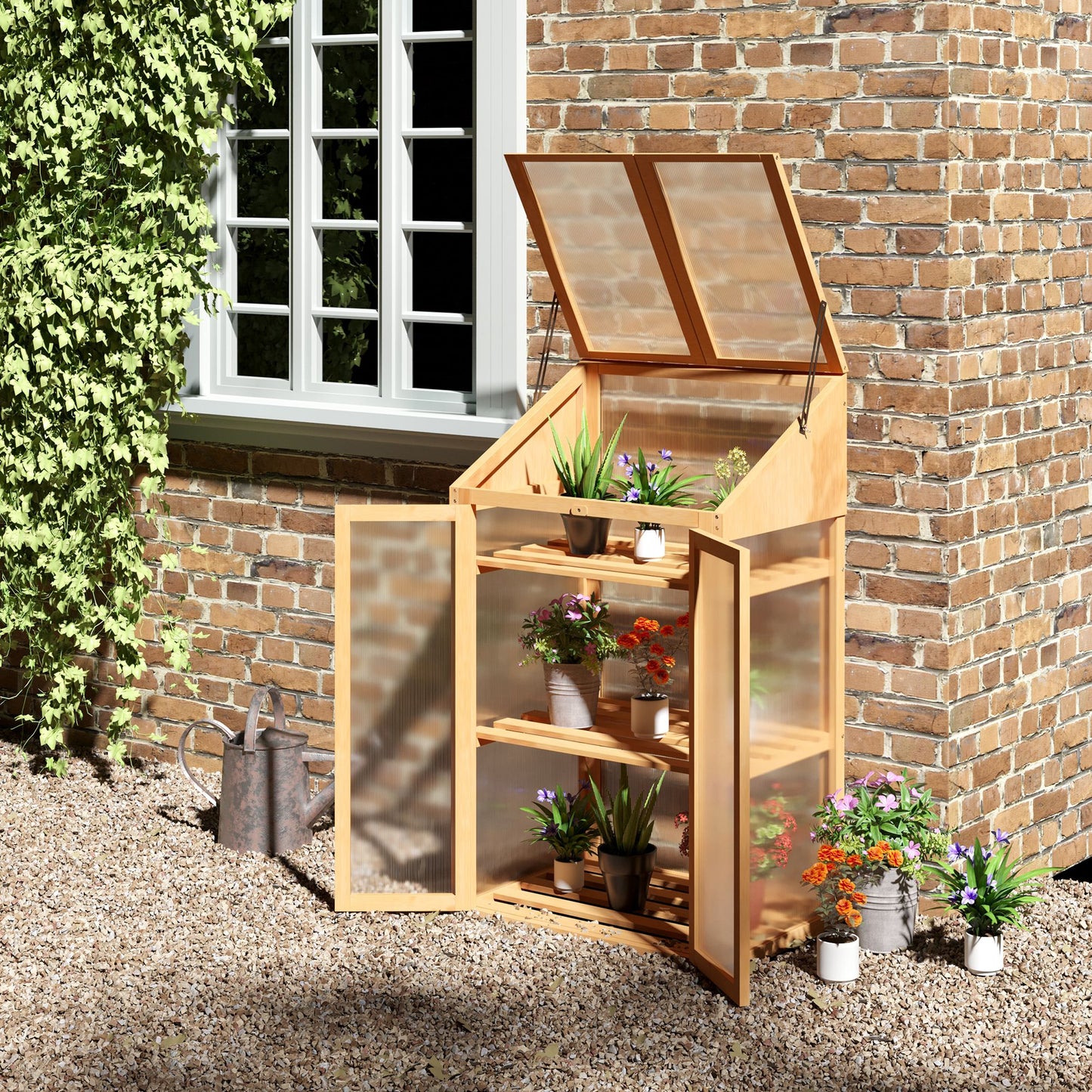 Outsunny Wooden Cold Frame Greenhouse, Raised Planter Bed Protection with Openable Top and 3 Shelves, 27.5" x 19.75" x 47.25" | Aosom Canada