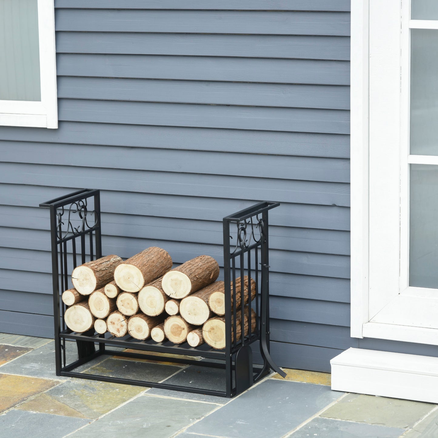 HOMCOM Heavy Duty Firewood Wood Log Rack Vintage Design Firewood Storage Shelf w/ 4 Tools Black | Aosom Canada