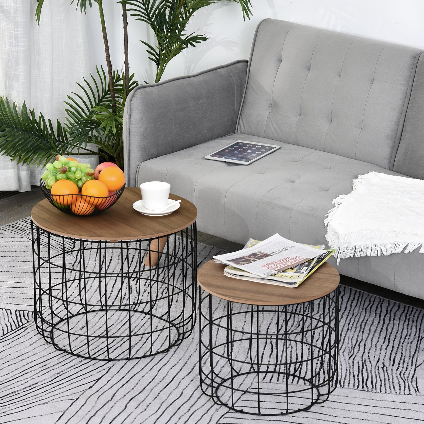 HOMCOM Round Coffee Table Set of 2, Industrial Side End Table for Living Room, Bedroom, Brown and Black | Aosom Canada