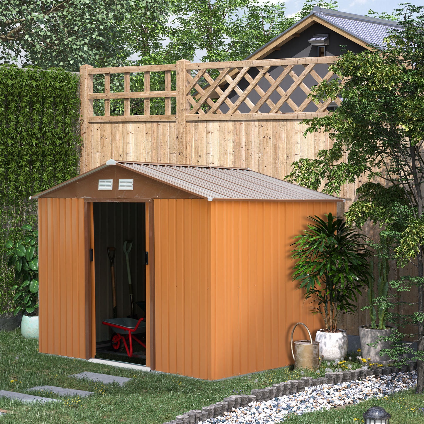 Outsunny 9.1’ x 6.4’ x 6.3’ Garden Storage Shed w/Floor Foundation Outdoor Patio Yard Metal Tool Storage House w/ Double Doors Yellow | Aosom Canada