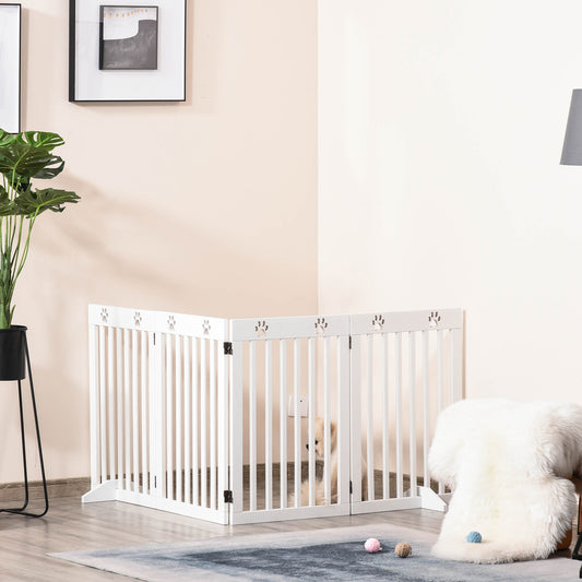 PawHut 80" Extra Wide Freestanding Pet Gate Wooden Dog Barrier Folding Safety Fence with 4 Panel Support Feet for Doorway Stairs White | Aosom Canada
