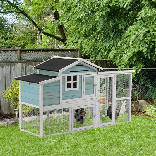 PawHut 76" Wooden Chicken Coop, Outdoor Hen House Poultry Cage with Outdoor Run, Nesting Box, Removable Tray and Lockable Doors, Blue | Aosom Canada