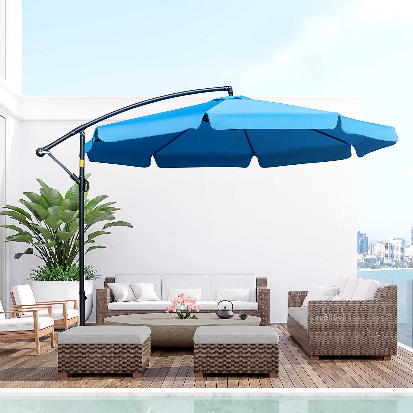Outsunny 11FT Offset Hanging Patio Umbrella Cantilever Umbrella with Easy Tilt Adjustment, Cross Base and 8 Ribs, Blue | Aosom Canada