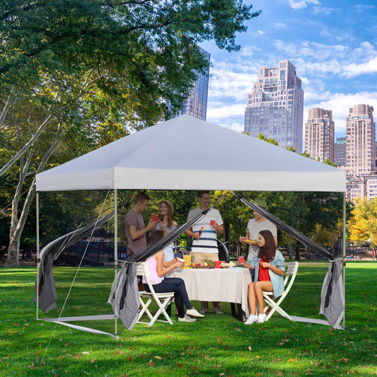 Outsunny 10' x 10' Outdoor Pop-Up Party Tent Canopy with Mesh Sidewalls, 3-Level Adjustable Height, Roller Bag, Silver | Aosom Canada