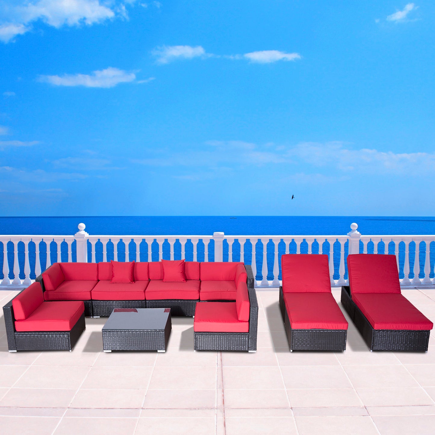 Outsunny 9pcs Outdoor Sofa Resin Wicker Sofa Set Patio Couch PE Rattan Furniture Outdoor Lounger Cushioned Seat Red | Aosom Canada