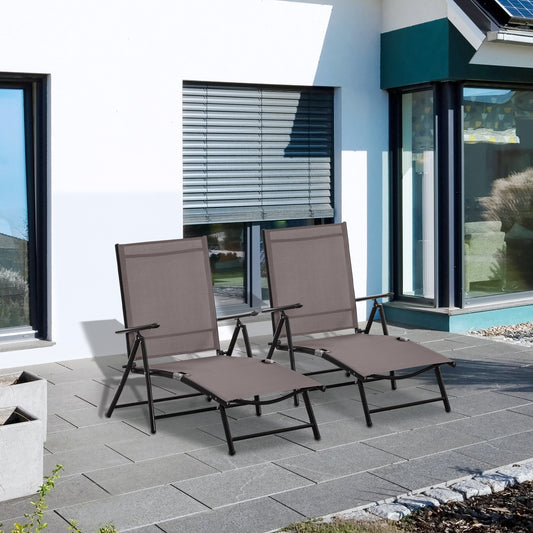 Outsunny Outdoor Set of 2 Lounge Chair, Folding Reclining Garden Sun Lounger with Metal Frame, Brown | Aosom Canada