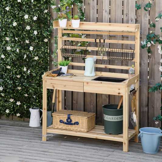 Outsunny Potting Bench Table, Garden Work Bench, Workstation with Metal Sieve Screen, Removable Sink, Natural | Aosom Canada