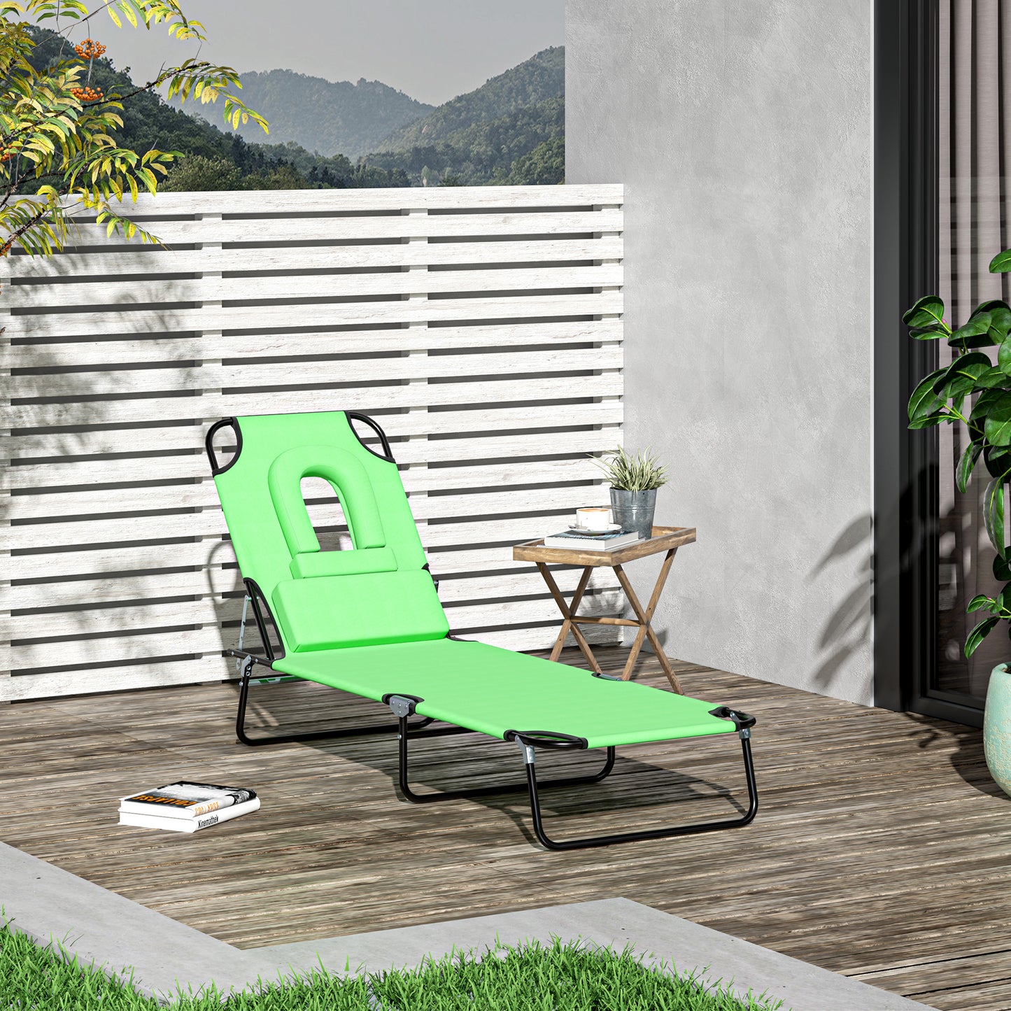Outsunny Adjustable Garden Sun Lounger w/ Reading Hole Outdoor Reclining Seat Folding Camping Beach Lounging Bed Green | Aosom Canada