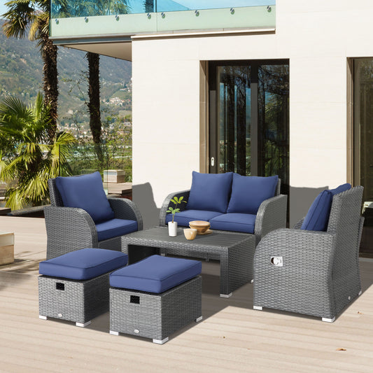Outsunny 6-PCs Outdoor Rattan Wicker Sofa Set Angle Adjustable Recline Single Chair, w/ Gas Spring  & Soft Washable Cushions, Dark Blue | Aosom Canada