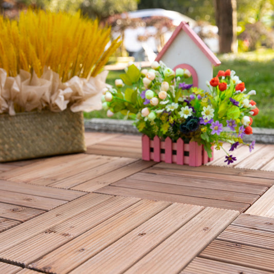 Outsunny 27 Pcs Floor Tiles Interlocking Solid Wood DIY Deck Tiles Indoor Outdoor Flooring, Brown | Aosom Canada