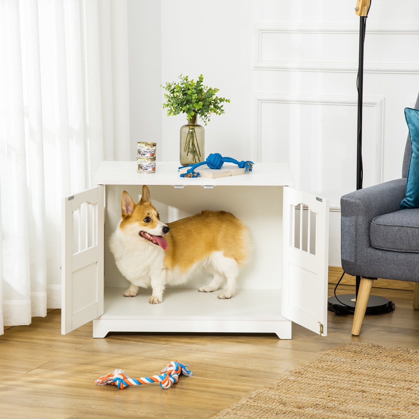 PawHut 29.5" Wooden Dog Cage with Windows, End Table Furniture Style, Modern Pet Kennel with Lockable Doors Elevated Base, White | Aosom Canada