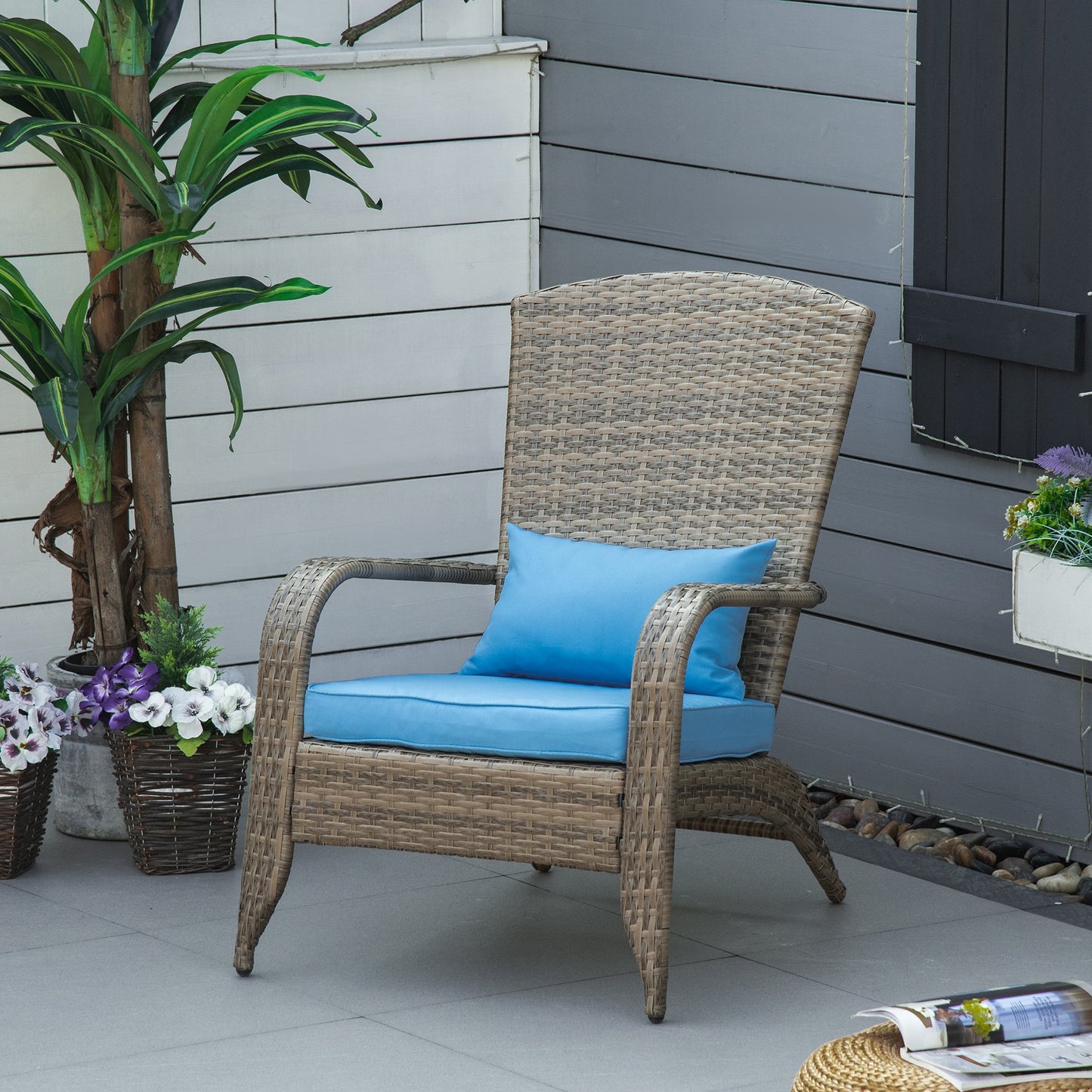 Outsunny Outdoor Classic Rattan Adirondack Deck Chair Armrest Lounge Chair with Cushion Blue | Aosom Canada