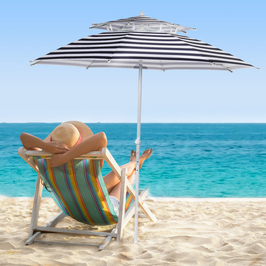 Outsunny Arc. 8ft Beach Umbrella Double-top Canopy Adjustable Height with Carry Bag for Beach Patio Garden Outdoor Blue Stripe | Aosom Canada