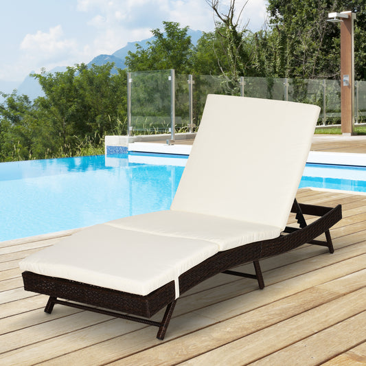 Outsunny Patio Lounger Chair, Outdoor PE Rattan Wicker Chaise with 5 Position Adjustable Back, Padded Cushion, Cream | Aosom Canada